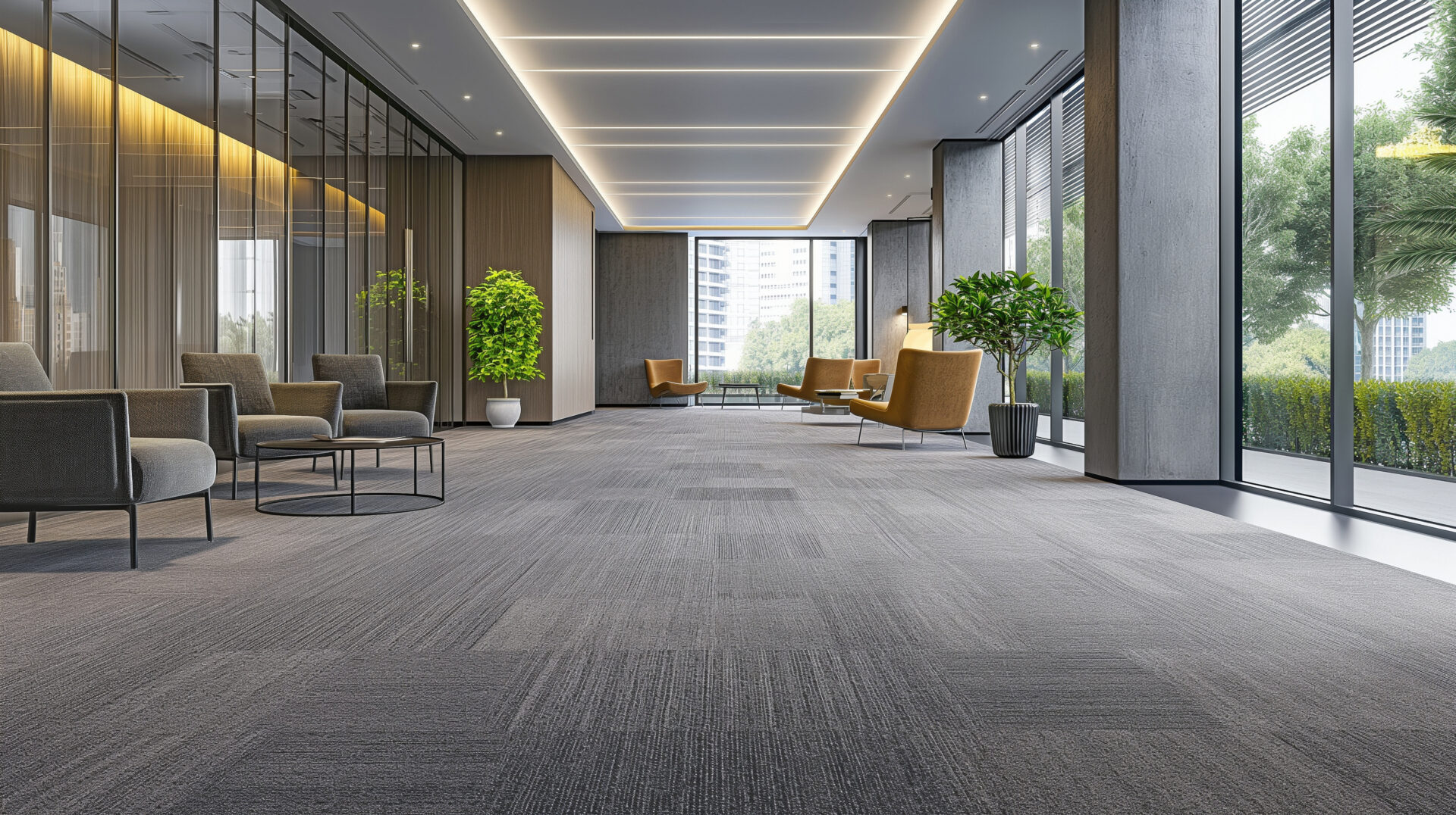 Large modern commercial lobby with grey carpet tile, floor-to-ceiling windows, and lounge seating.
