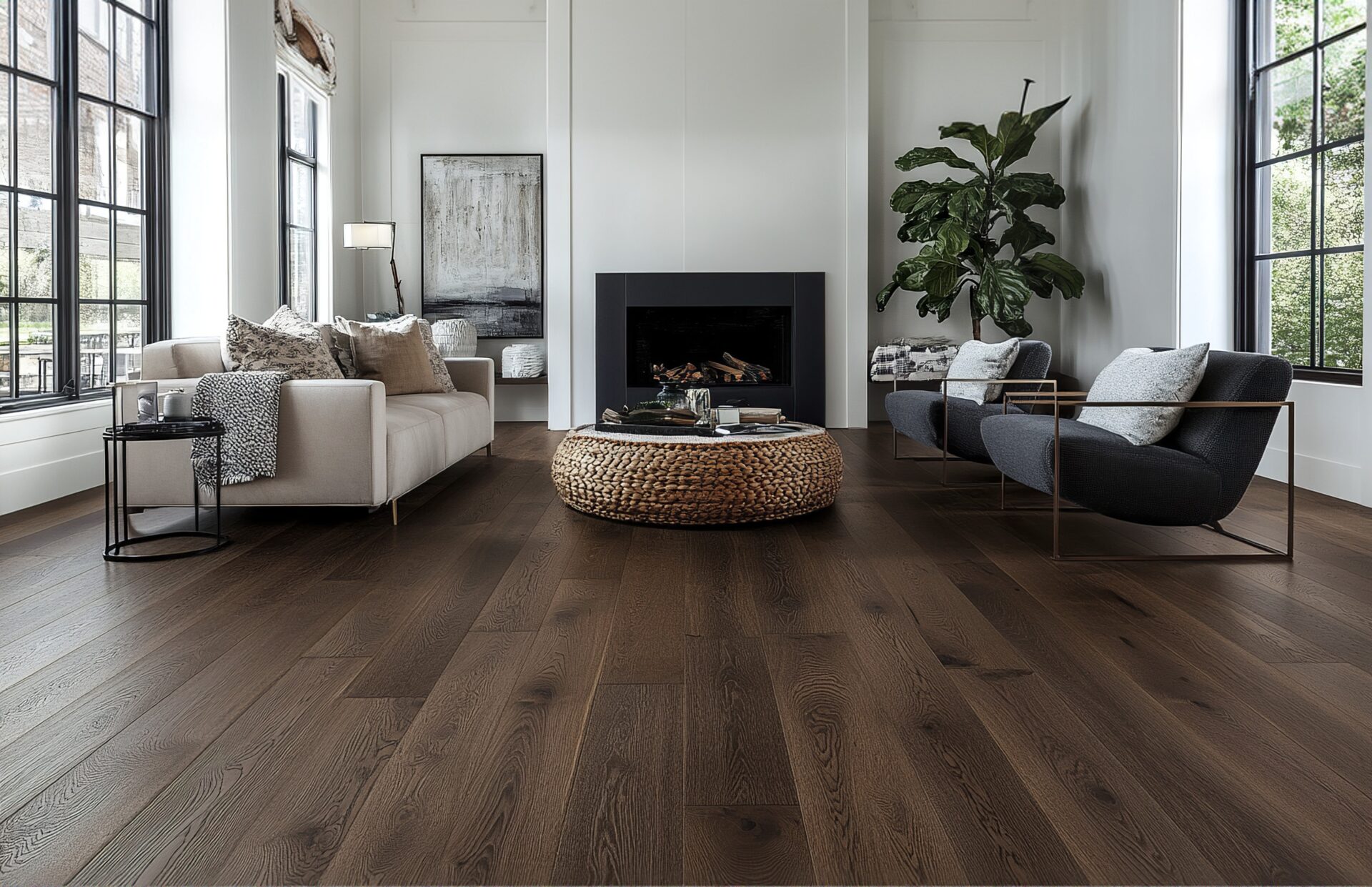 Upscale living room featuring wide-plank dark hardwood floors and a modern black fireplace.