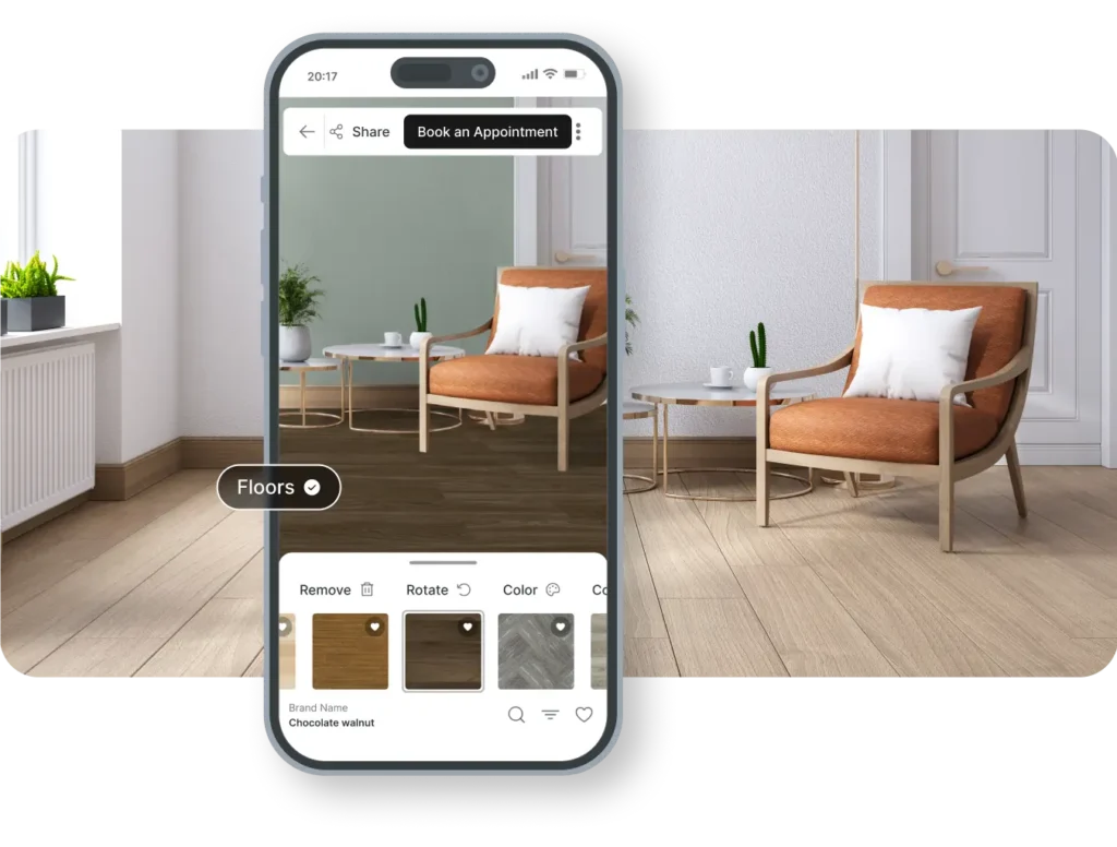 A smartphone displaying a digital flooring visualizer app, showing a room with light wood floors being swapped for dark chocolate walnut planks in real-time.