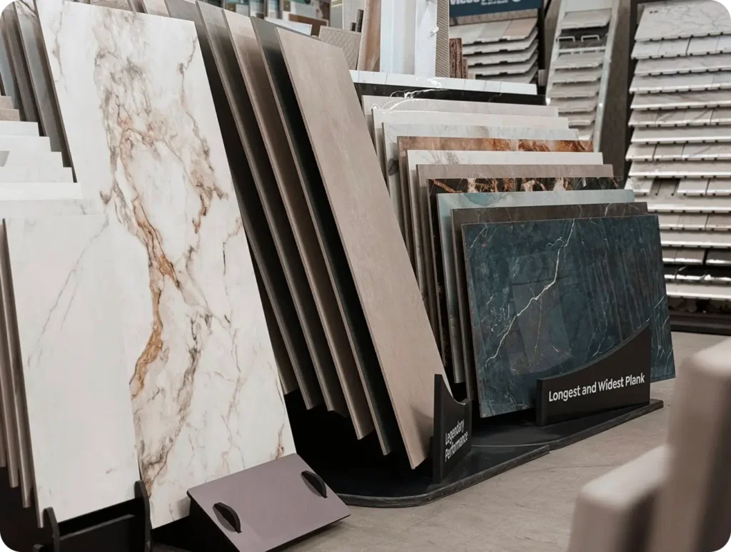 An array of large-format floor and wall tiles displayed in a showroom rack, featuring various marble-veined, stone, and dark green patterns.