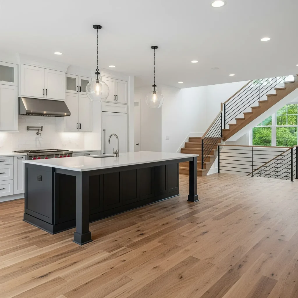 A modern kitchen with a large black island, white cabinetry, and wide-plank light oak flooring that extends toward a wooden staircase with black metal railings.