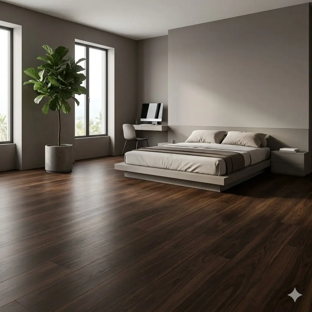 A contemporary minimalist bedroom featuring deep espresso dark walnut luxury vinyl plank flooring, a low platform bed, and smooth grey walls.