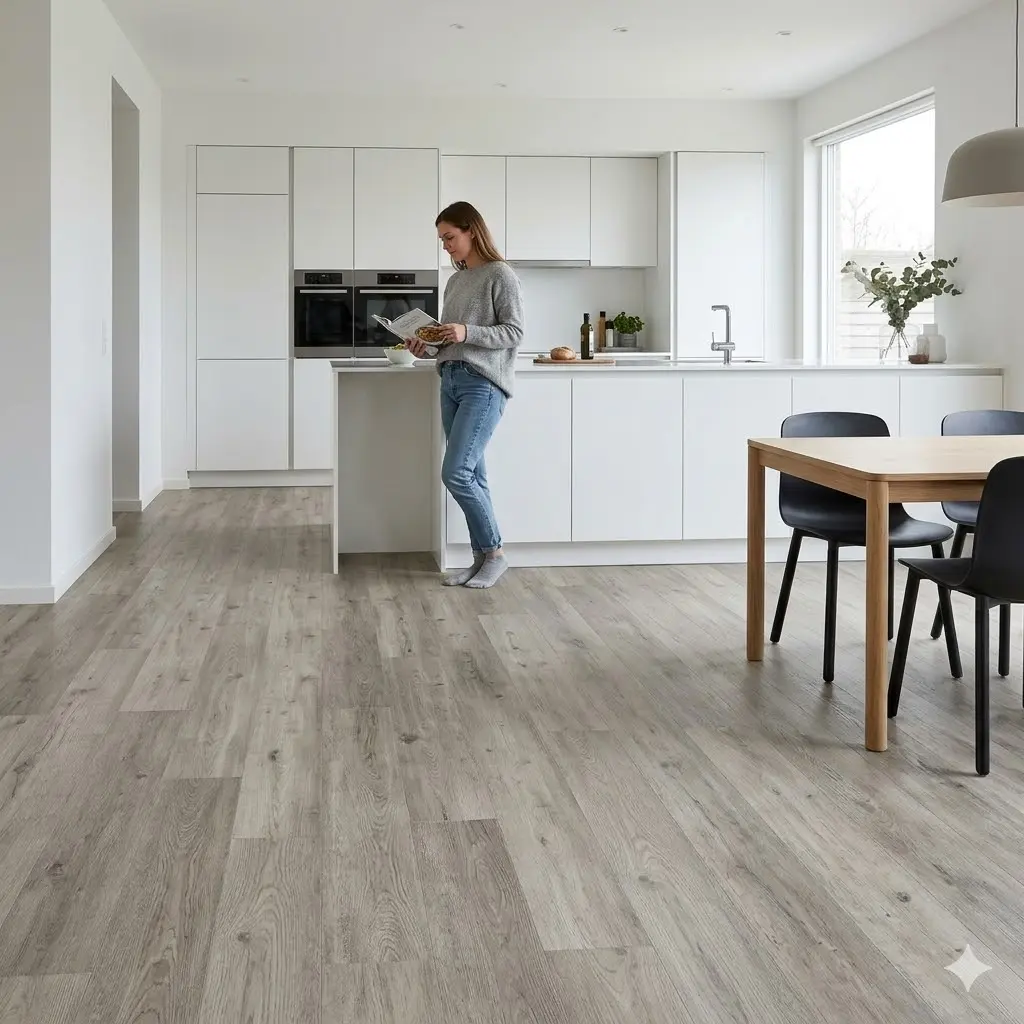 Sunlit minimalist kitchen and dining area with textured grey oak luxury vinyl plank flooring, featuring white flat-panel cabinets and a person reading a cookbook.