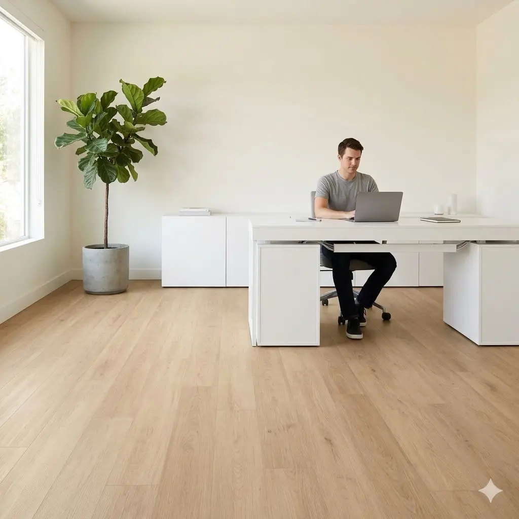 A sunlit minimalist home office featuring light maple luxury vinyl plank flooring, a sleek white desk, and natural daylight.