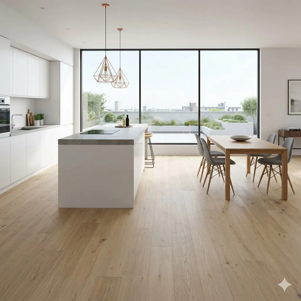 Sunlit modern kitchen and dining area featuring light-colored, wide-plank oak hardwood floors and minimalist design.