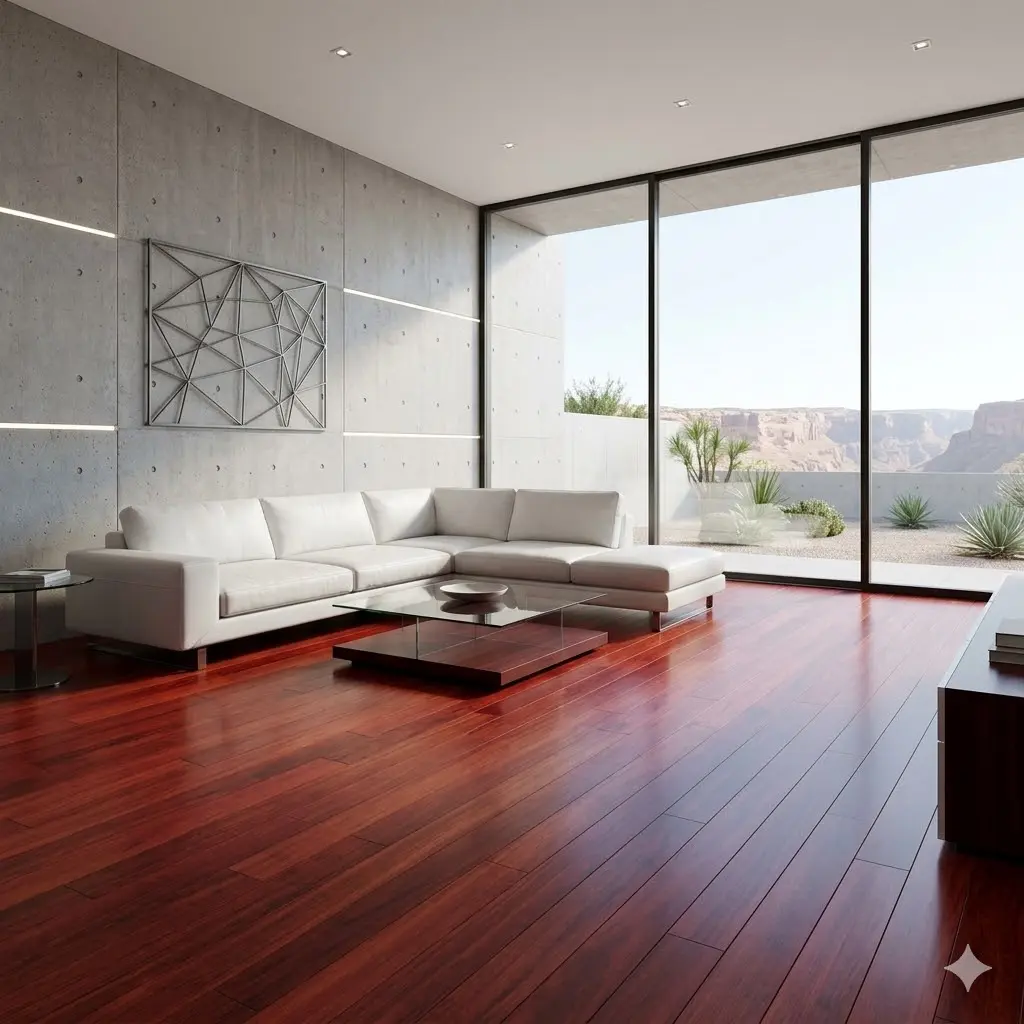 Modern minimalist lounge area featuring rich cherry hardwood floors with a distinct red hue and a clean, spacious design.