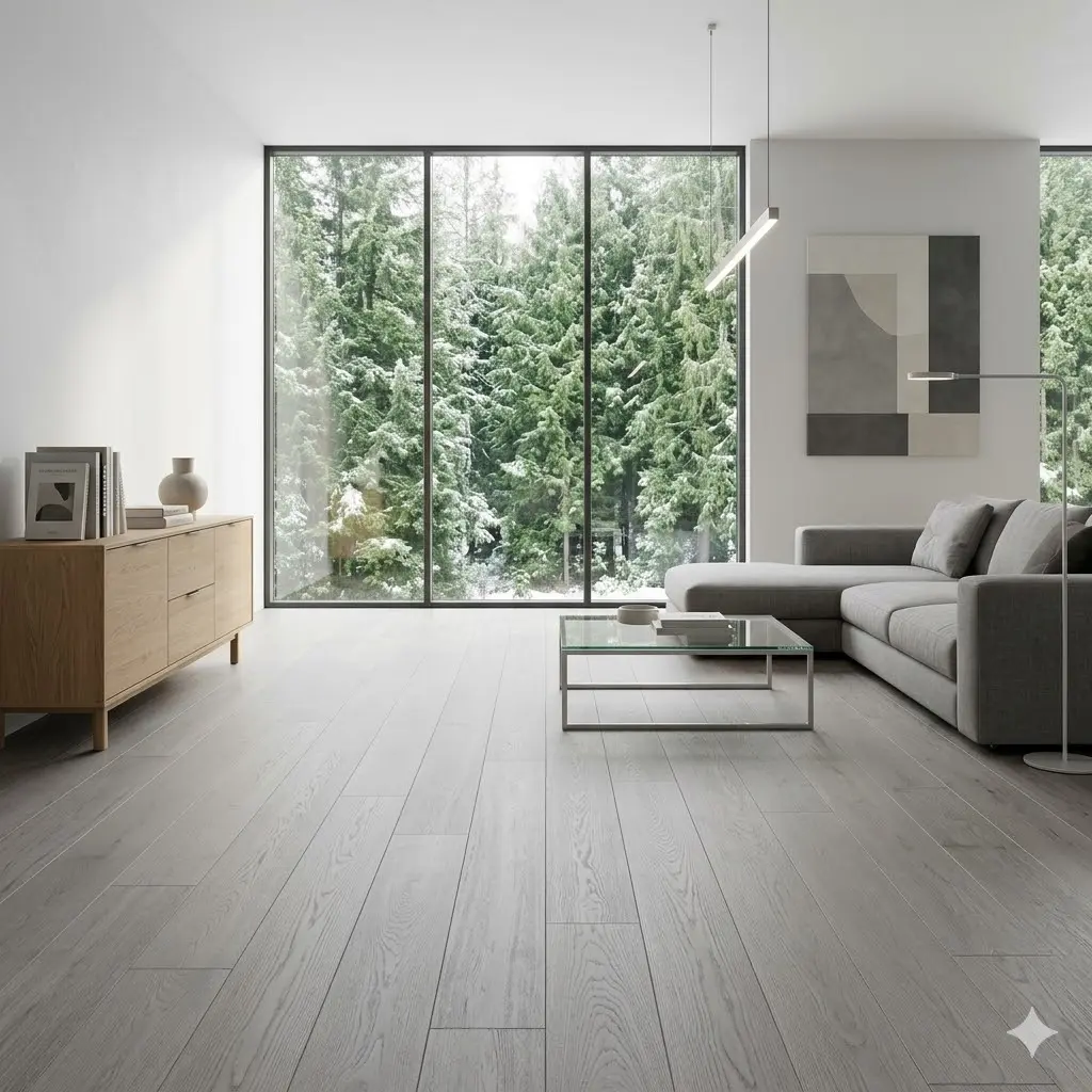 Scandinavian-style living room with modern grey-stained hardwood floors, a minimalist sofa, and a large window facing a forest.