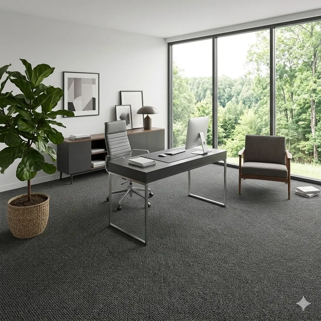 Contemporary Home Office with Dark Grey Carpet