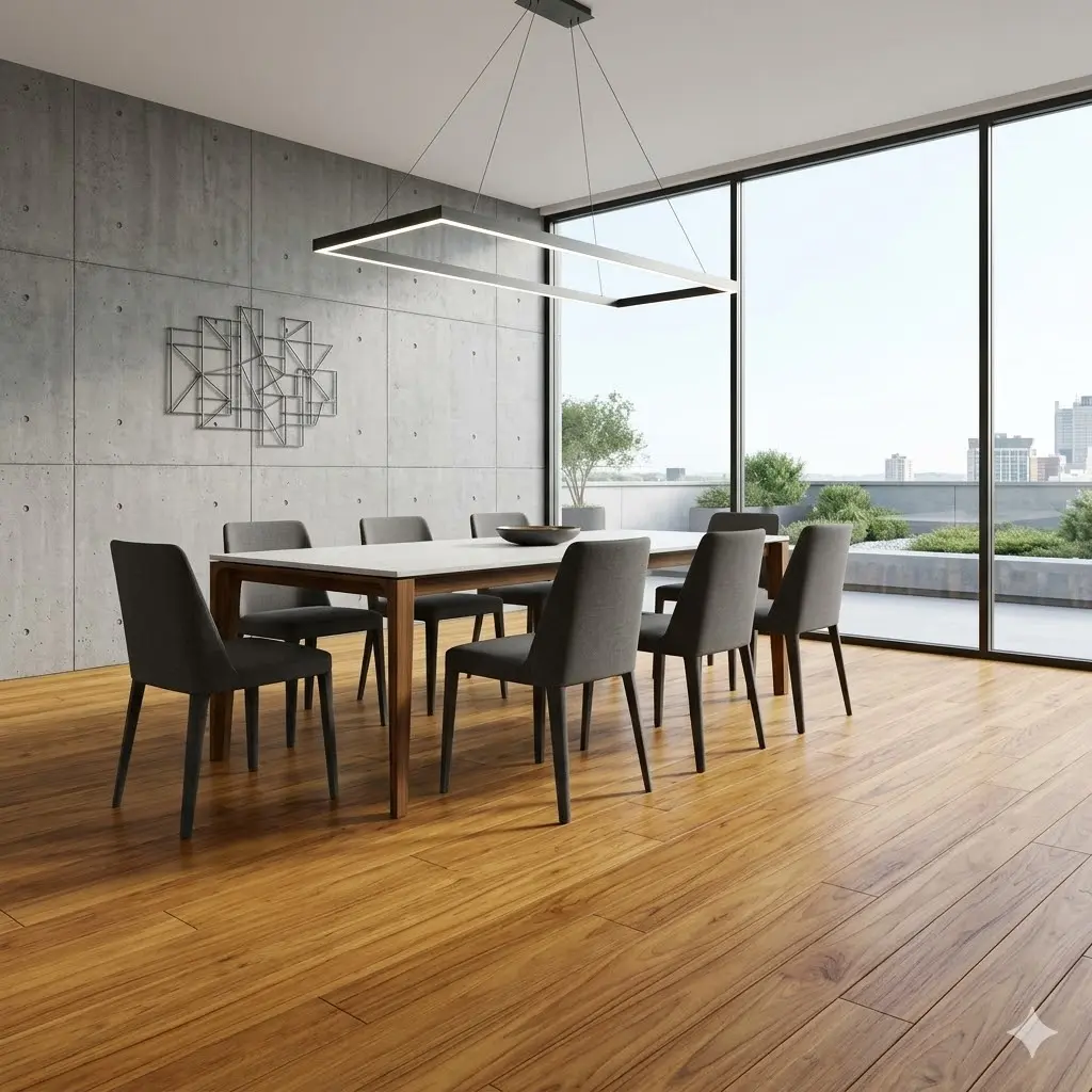 Contemporary dining room with warm golden teak hardwood floors, a minimalist table, and floor-to-ceiling windows overlooking a curated garden.