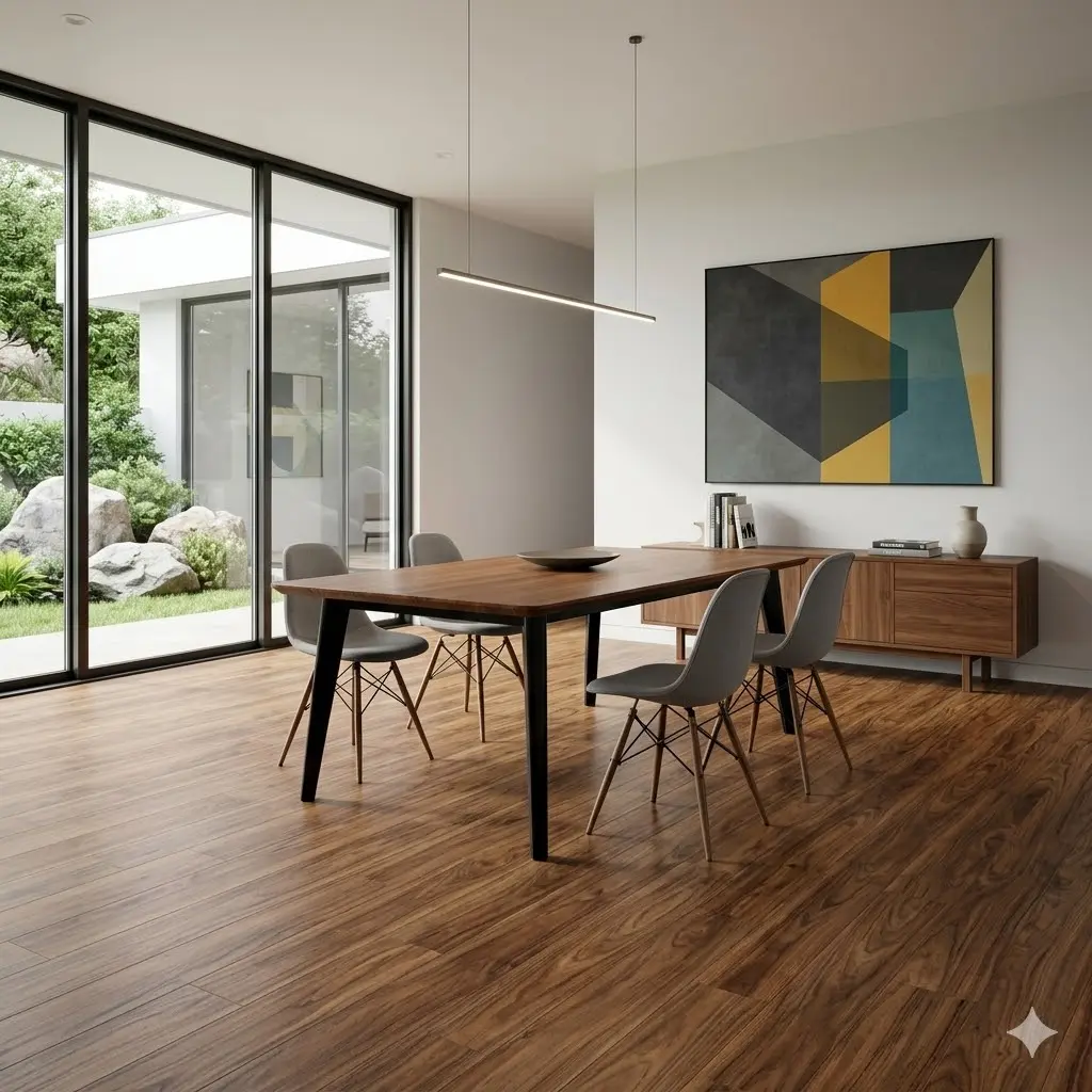 A stylish contemporary dining room featuring warm walnut luxury vinyl plank flooring, mid-century modern furniture, and natural lighting.