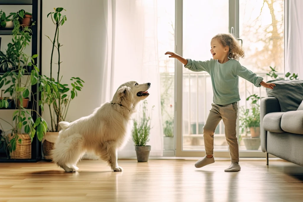 A happy young girl with curly hair dancing and playing with a cream-colored Golden Retriever in a bright, sunlit living room filled with houseplants.