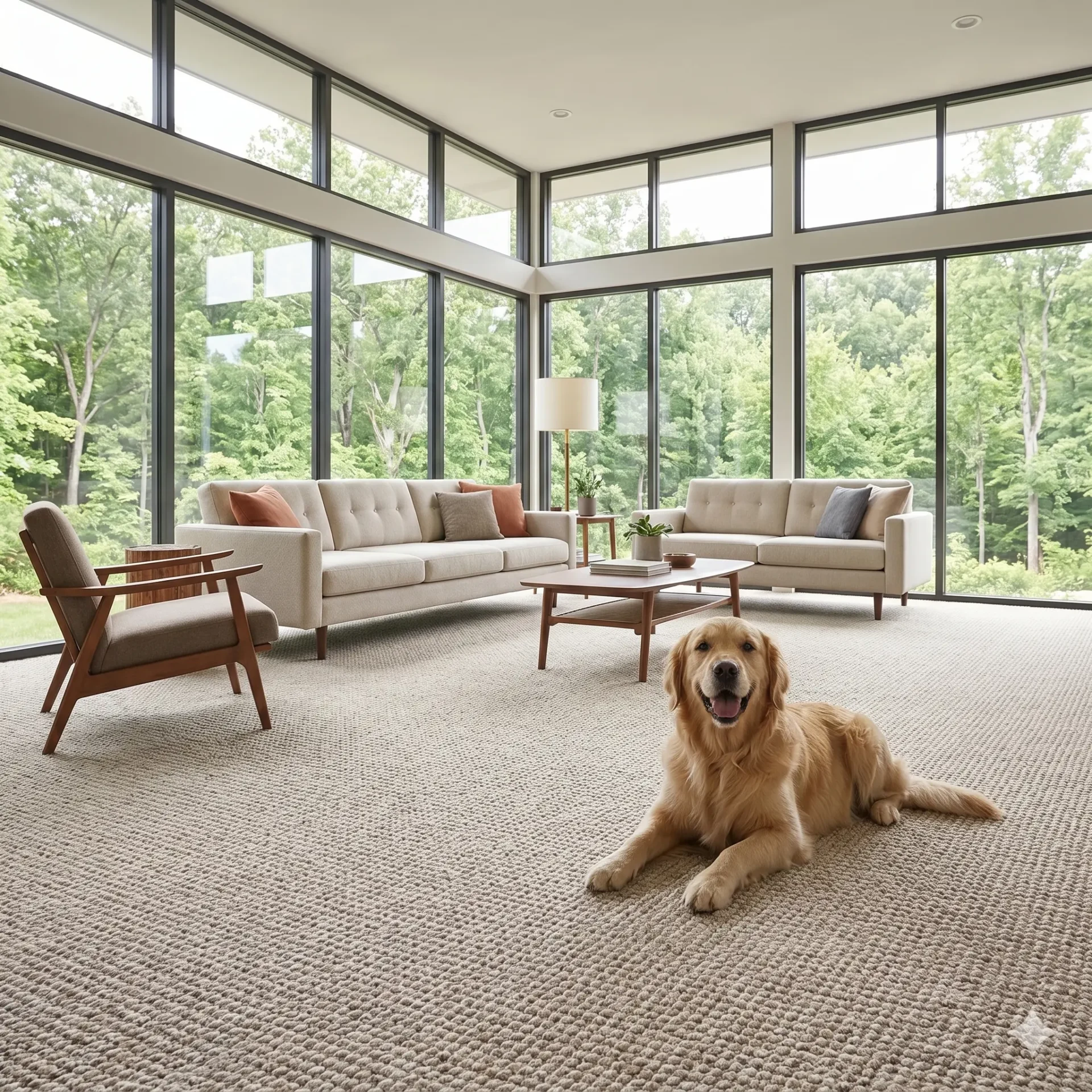 Cozy Dog Lounge with Textured Beige Carpet