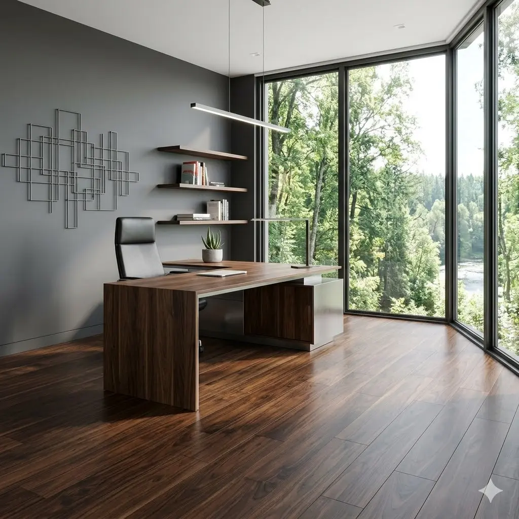 A contemporary minimalist home office with deep-toned dark walnut hardwood floors, a sleek desk, and natural lighting from large windows.