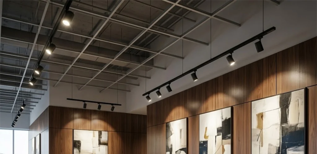 Adjustable track lighting spot-lighting wall art in a commercial lobby.