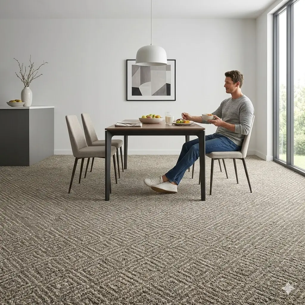Minimalist Dining Room with Geometric Patterned Carpet