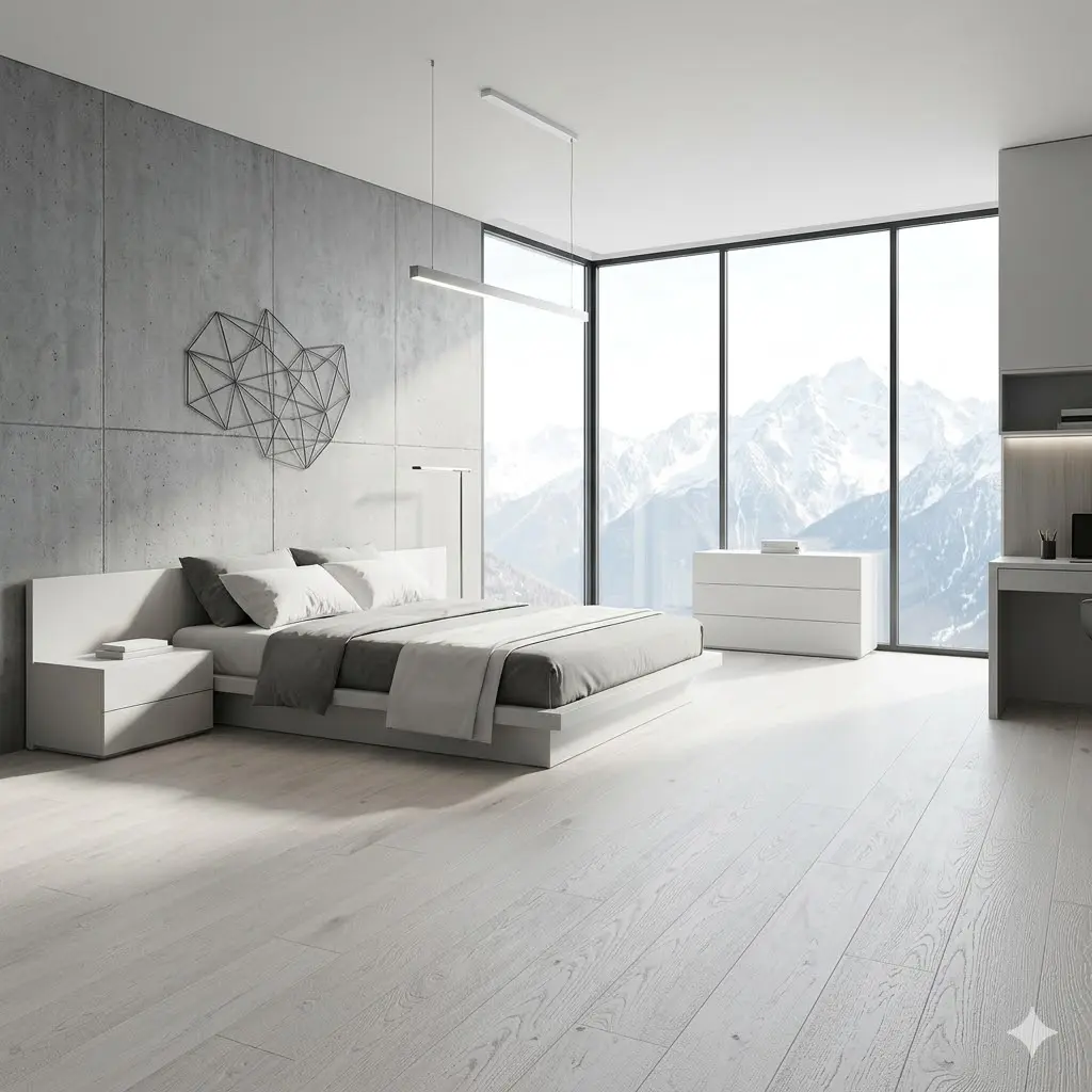 A bright, modern minimalist bedroom featuring whitewashed oak hardwood floors and a massive window looking out over a mountain landscape.