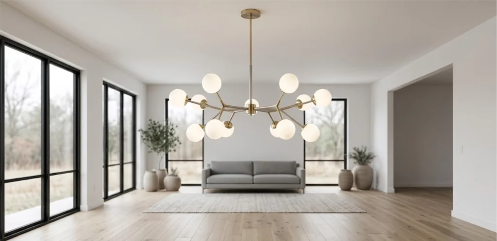 Contemporary multi-arm brass chandelier in a minimalist living room.