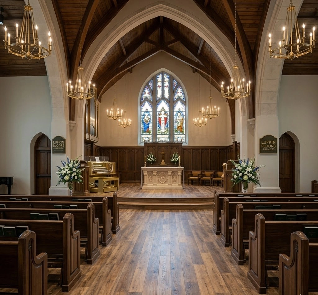 An interior view of a majestic, empty Gothic church sanctuary looking down the aisle toward the altar, featuring polished hardwood flooring and glowing chandeliers.
