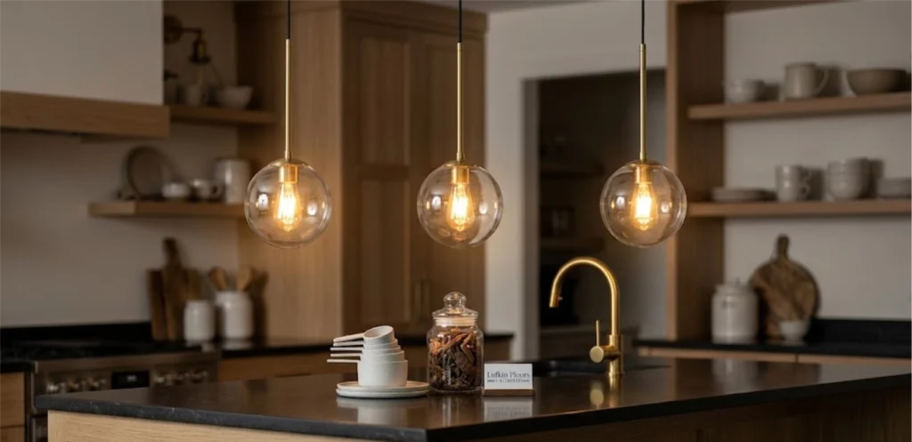 Brass pendants with vintage bulbs over a wood kitchen island.