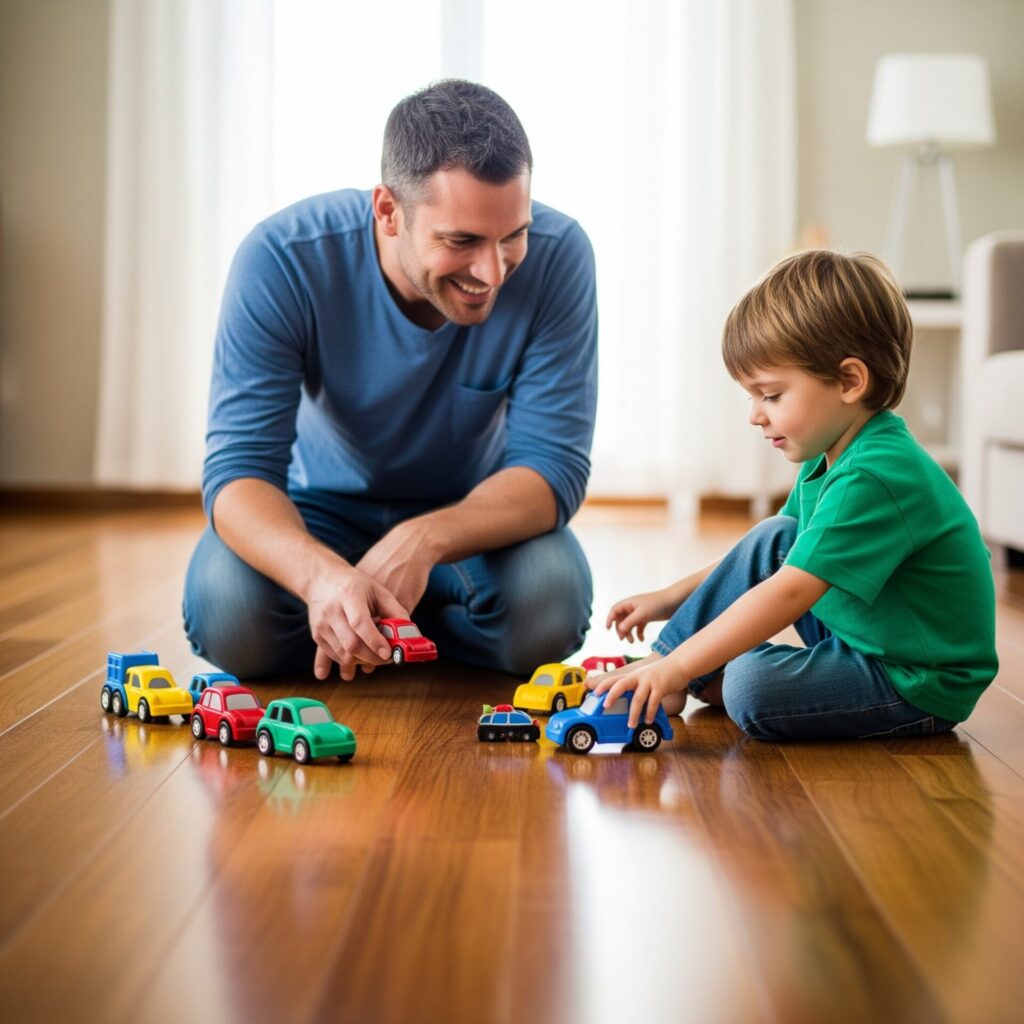 A father and young son smiling and playing with colorful toy cars on a polished hardwood floor in a bright living room.