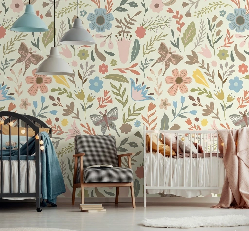 Bright nursery room with a whimsical pastel floral and butterfly wallpaper design.