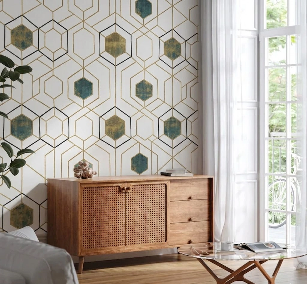 Modern living room featuring a geometric hexagon wallpaper pattern with gold and teal accents.