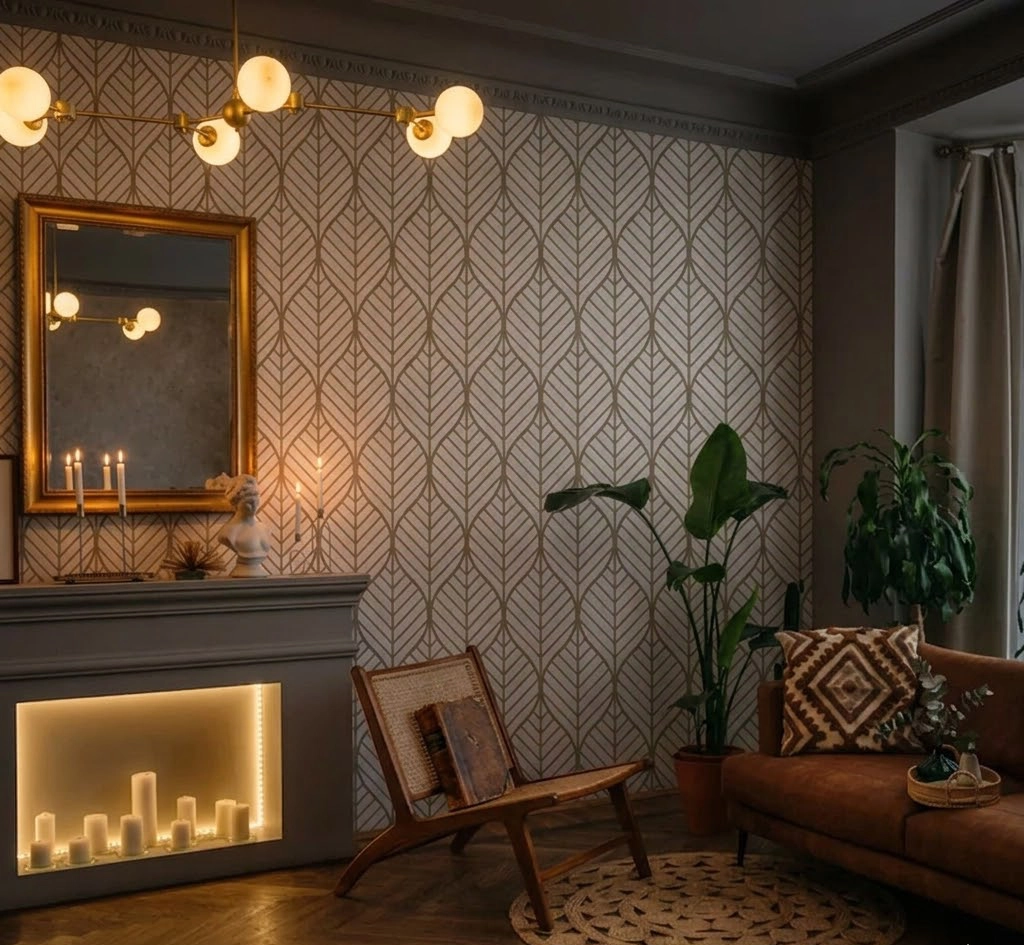 Elegant interior with a gold leaf-patterned wallpaper, a white fireplace, and warm candle lighting.