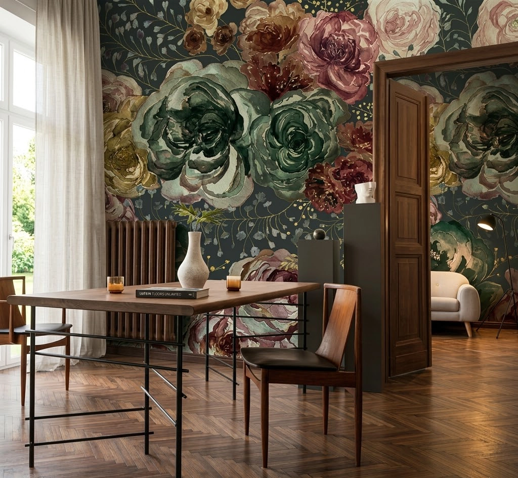 Moody, sophisticated dining space with large-scale dark floral mural wallpaper and herringbone wood floors.